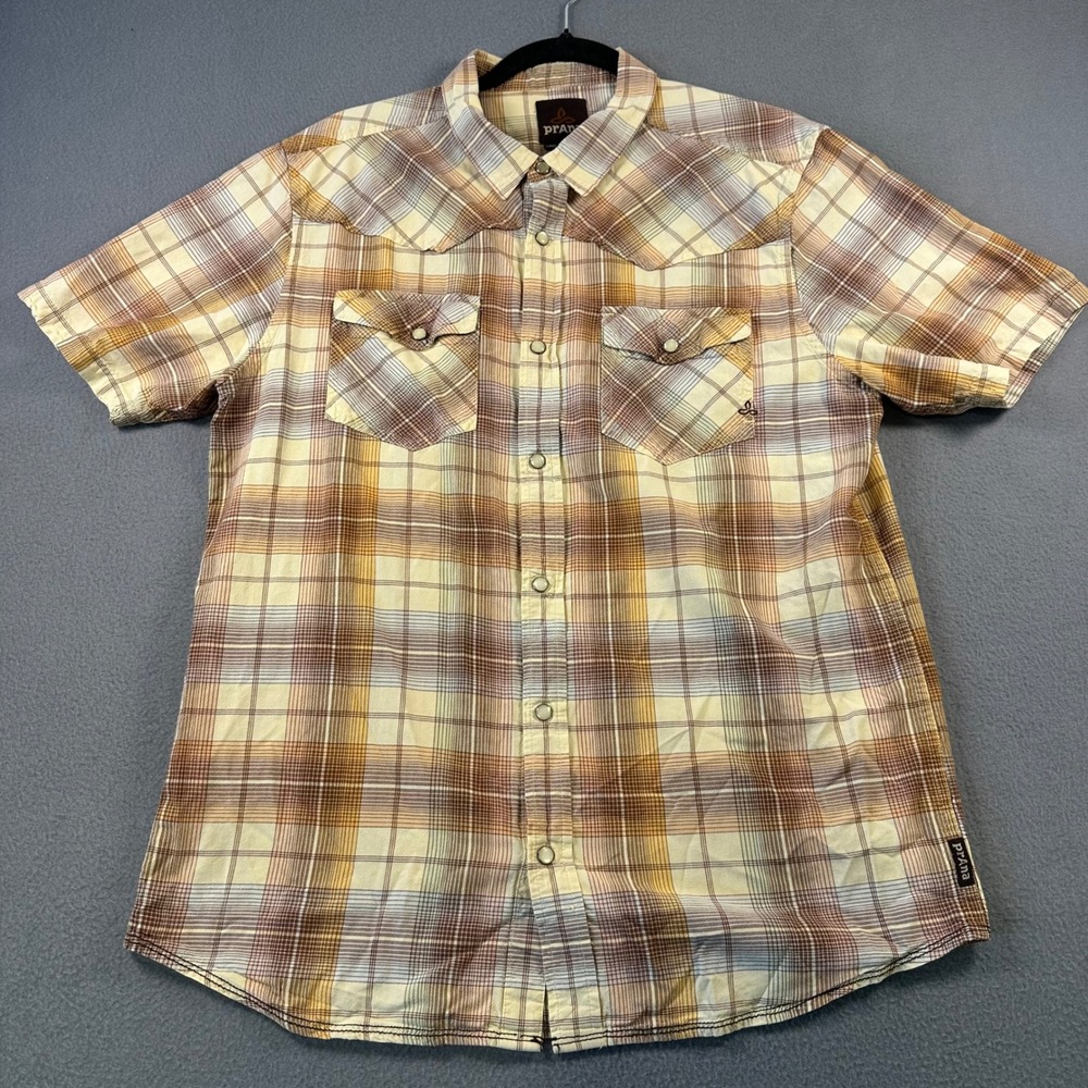 Prana Mens Organic Cotton Plaid Western Snap Button Down Shirt Brown Tan Large